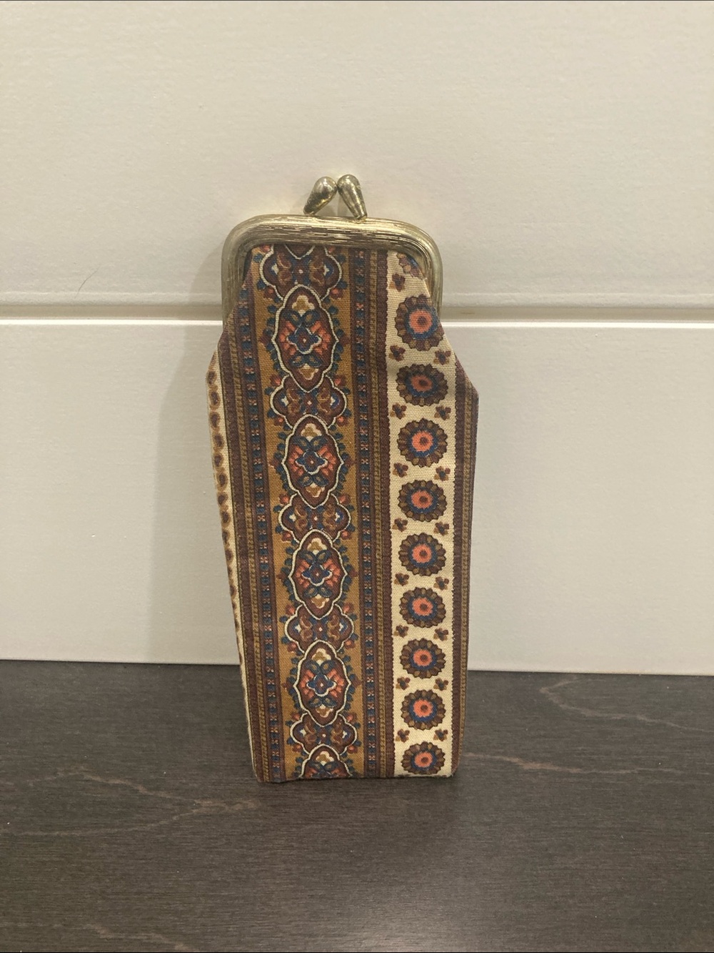 Vintage Mid-Century Tapestry Eyeglass Case-Earth Tone Geometric Floral Fabric